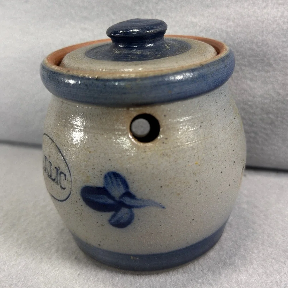Vintage Rowe Pottery Works Garlic Keeper 1991 Grey Blue Salt Glaze Stoneware
